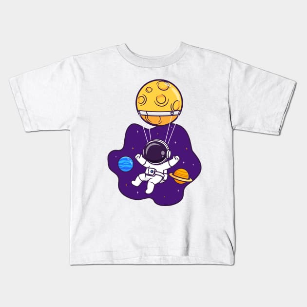 Cute Astronaut Flying In Space With Hot Air Balloon Moon Cartoon Kids T-Shirt by Catalyst Labs